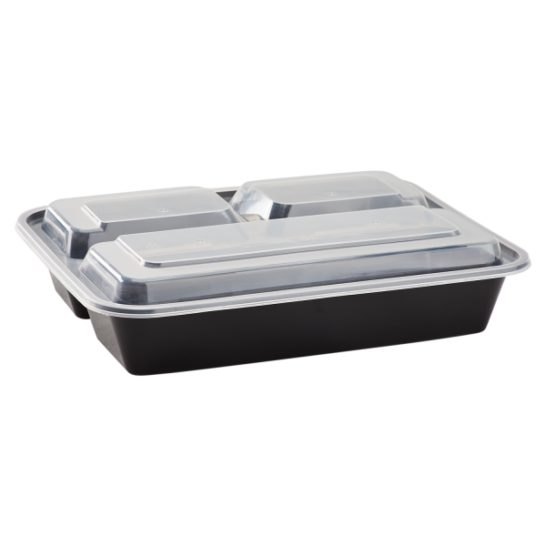 Black Food Container 3-Comp Rectangular Combo Pack 32oz.